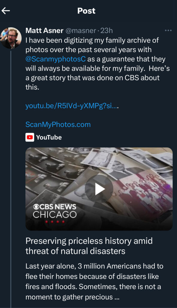 Matt Asner tweet on ScanMYPhotos and CBS News